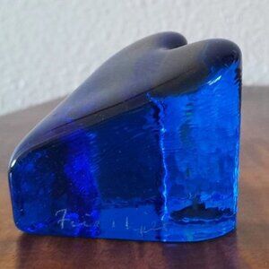 Fire & Light Heart Recycled Glass Signed Cobalt Blue Collector Vintage Retro